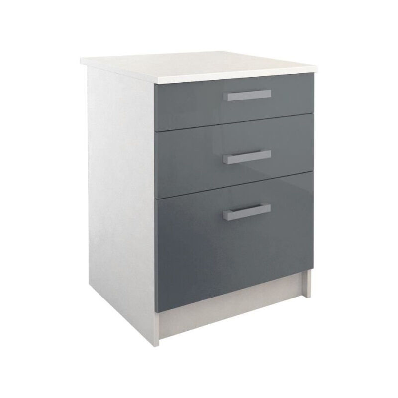 Start Meuble bas de cuisine 3 tiroirs - l 60 x Mélaminé blanc - Façade polymere gris - berlioz