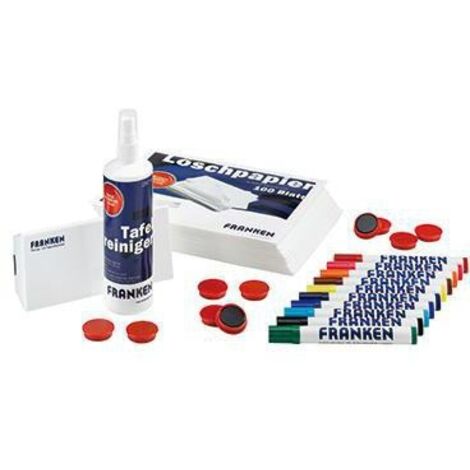 Starterset Magnettafel 10 x trocken abwischbare Tafelschreiber farbig sortiert 10 x farbige Haftmagnete D. 32mm 1 x magnetischer Tafelwischer 100 Bl.