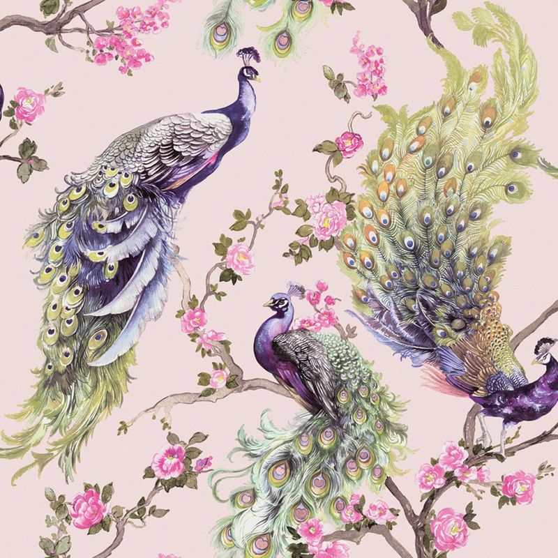 Holden Decor - Menali Peacock Glitter Wallpaper Pink Green Birds Leaf Floral Vinyl