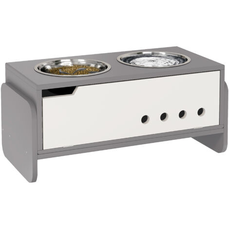 Station alimentation surélevée chiens espace rangement tapis anti-piège 2 gamelles acier inoxydable 2000 ml gris