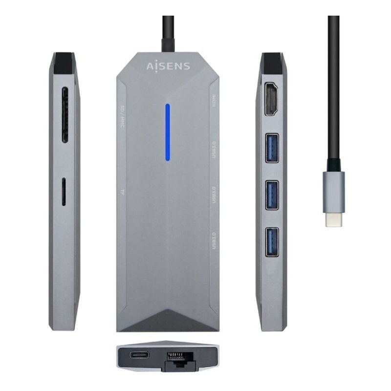 Station d'accueil usb 3.2 c-type Aisens asuc-8p004-gr/ 1 hdmi/ 3 usb/ 1 rj45/ 1 lecteur de cartes / usb pd/ gris
