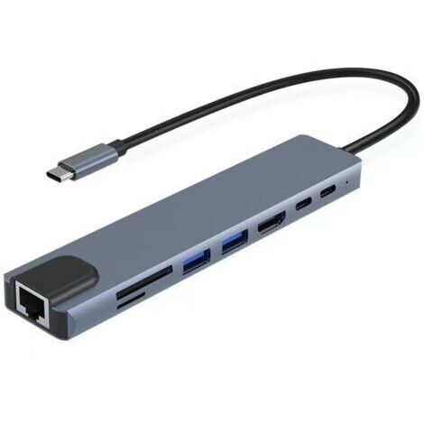 Station d'accueil USB-C 8-en-1 : Adaptateur multiport avec USB 3.0, USB 2.0, HDMI, lecteur de cartes SD/TF et port de données Type-C — Pour ordinateurs portables