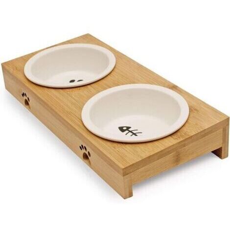 Station d'alimentation pour chat – 2 bols en céramique blanche – Support en bambou anti-dérapant – Surface inclinée pour manger facilement
