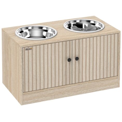 Station d'Alimentation pour Chien 60×30×35,5 cm – 2 Gamelles Inox, Meuble Rangement – Bois – Grands Chiens