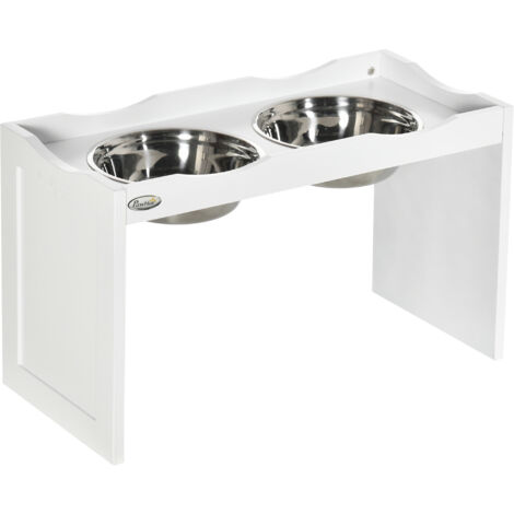 Station d’alimentation, support pour gamelles, 2 gamelles de 2 litres chacune, acier inoxydable, pour grands chiens, blanc, 63 x 30 x 24 cm