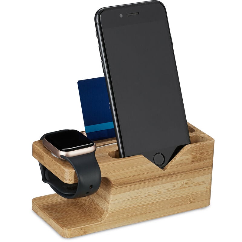 Relaxdays - Station de charge, pour smartphone & montre connectée, bambou, HxLxP: 6 x 14 x 6,5 cm, support, nature