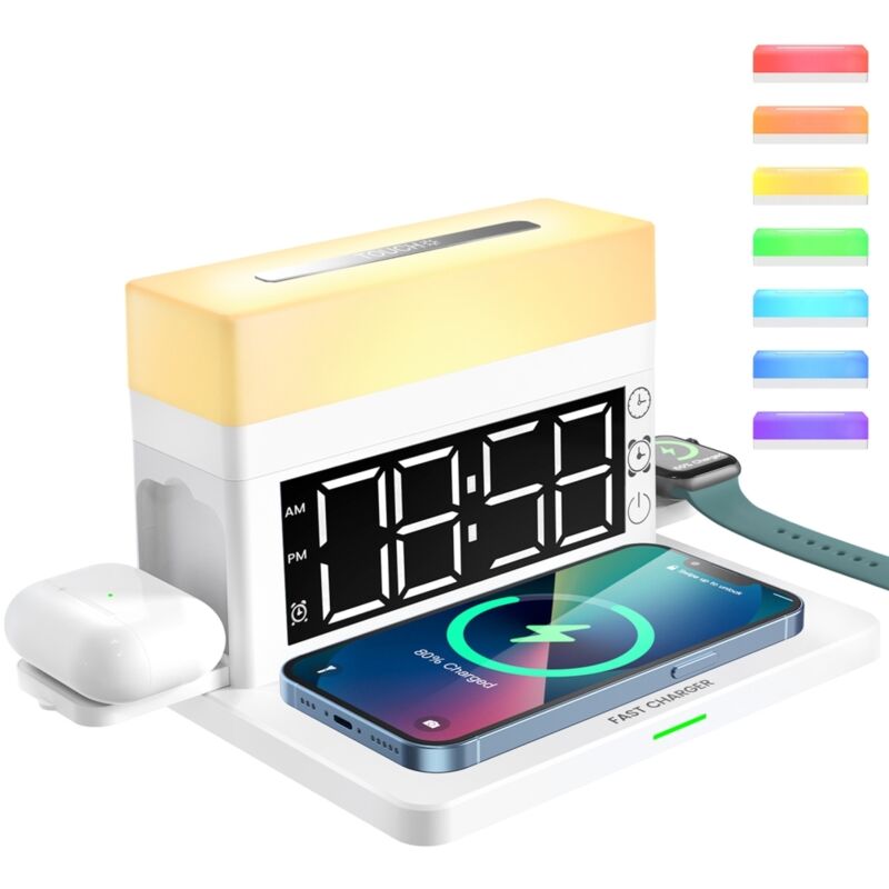 Station de charge sans fil 6-en-1 avec lampe de nuit LED, réveil numérique, 18W charge rapide compatible iPhone Samsung