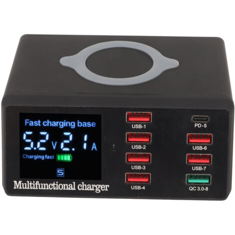 Station de charge USB 100W 8 ports, charge rapide QC 3.0 et PD 18W, charge sans fil, compatible universelle 100‑240V, prise EU