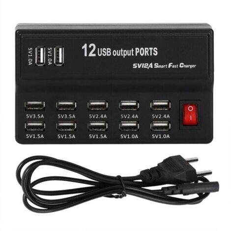 Station de Charge USB 12 Ports Rapide Universelle 100-240V avec Câble pour Appareils Multiples