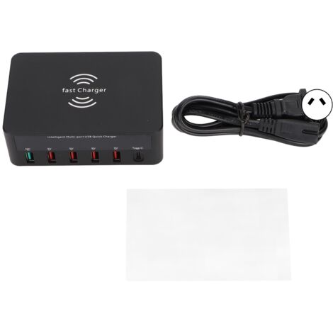 Station de Charge USB 40W 6 Ports QC 3.0 avec Charge Sans Fil et Écran LCD - Bloc d'Alimentation 100‑240V Prise Australie Noir