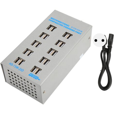Station de charge USB 75W 20 ports, chargeur multiport avec protection de circuit, hub de recharge 100‑240V pour téléphone tablette casque, prise EU.