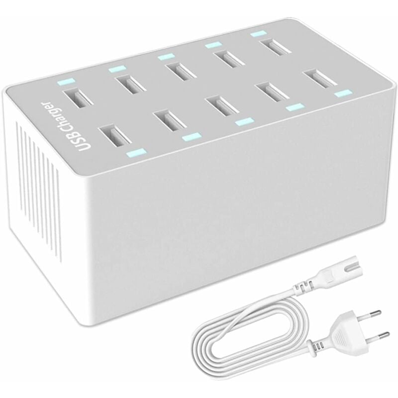Aougo - Station de Charge usb, hub Chargeur usb de 50 w à 10 Ports, Chargeur usb multiport avec Smart Detect, Compatible avec iPhone, Galaxy,