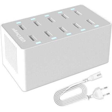 Station de Charge USB, hub Chargeur USB de 50 W à 10 Ports, Chargeur USB multiport avec Smart Detect, Compatible avec iPhone, Galaxy, Tablette iPad et Autres appareils de Charge USB