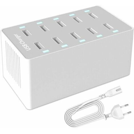 Station de Charge USB, hub Chargeur USB de 50 W à 10 Ports, Chargeur USB multiport avec Smart Detect, Compatible avec iPhone, Galaxy, Tablette iPad et Autres appareils de Charge USB Chargeur USB