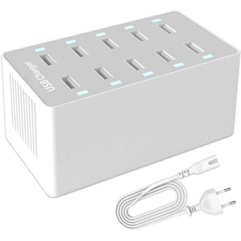 Station de charge USB. Hub de charge USB 50 W à 10 ports. Chargeur USB multiport avec détection intelligente. Compatible avec iPhone, Galaxy, iPad, tablettes et autres chargeurs USB.
