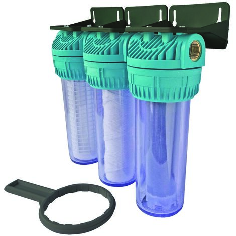 Station de filtration triple pour eau de pluie – 3 filtres en série – Raccord F 3/4' – Débit 1,5 m³/h – Pression 6 bars – Aquawater
