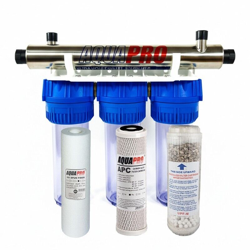 Station de filtration UV reminéralisante eau de pluie – Filtration 20 µm – Débit 6 GPM – Acier inox 304 – Reminéralisation naturelle