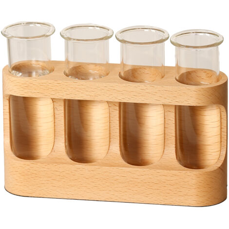 Station de multiplication des plantes, équipée d'un cadre en bois, de quatre tubes à essai en verre et d'un vase avec lumières LED, pour la décoration intérieure et les plantes hydroponiques.