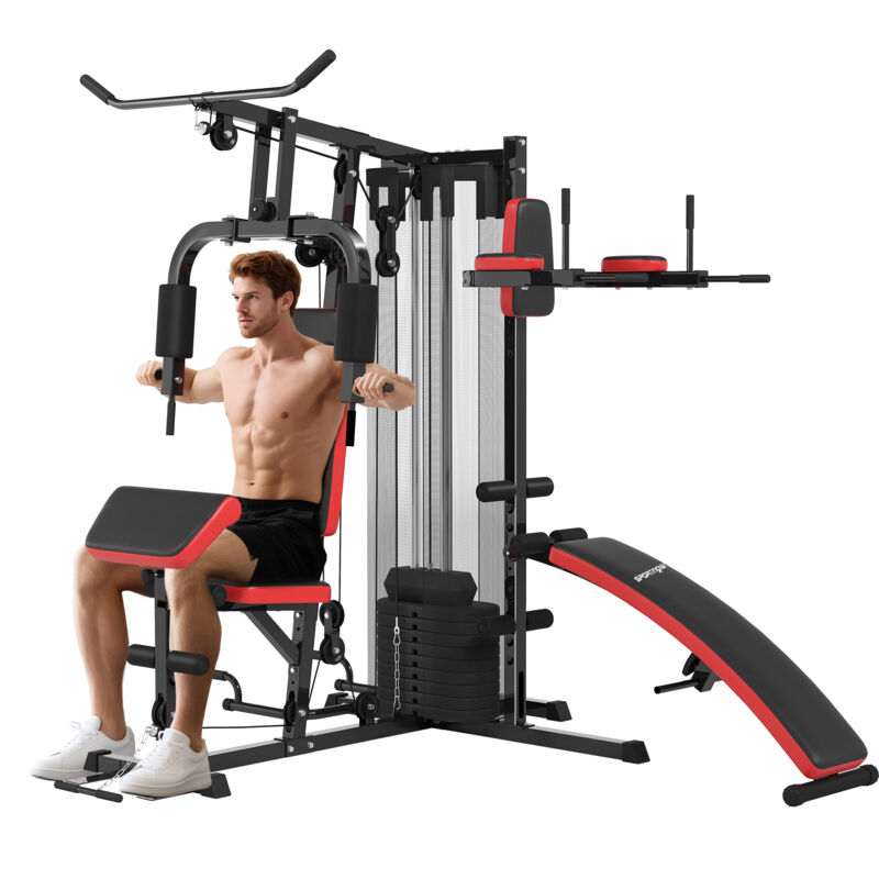 Station de musculation complète - SPORTNOW - poids 65kg - banc abdos et dips - acier - réglable - noir