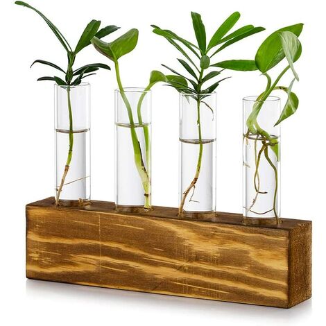 Station de propagation de jardinière en verre suspendue de table moderne 4 Tube à essai support en bois bourgeon de fleur Vase plante hydroponique coupe de table
