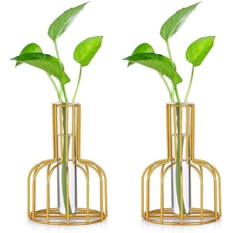 Station De Propagation en Verre avec Cadre en Métal, Lot De 2 Vase à Fleurs, Vase à Tube à Essai pour Plante Hydroponique, Petit Vase à Bourgeon pour Décoration De Table De Bureau