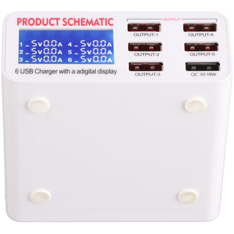 Station de Recharge USB 6 Ports avec Affichage Numérique, Charge Rapide QC 3.0 100‑240V Adaptateur Secteur EU pour Maison et Bureau