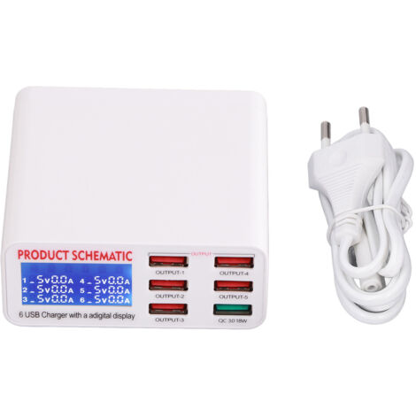 Station de Recharge USB 6 Ports avec Écran LCD, Charge Rapide Intelligente 100‑240V Prise EU pour Bureau