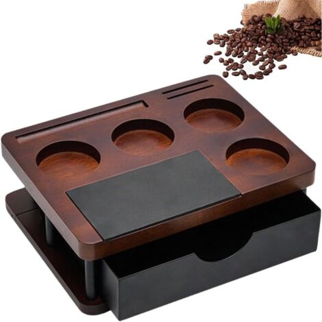 Station de Tassage à Espresso en Bois Massif avec Boîte à Culots, Organisateur Multifonctionnel pour Portafiltres (51-58 mm), Tasseurs et Accessoires, Conteneur de Culots Détachable et Base Antidérapa
