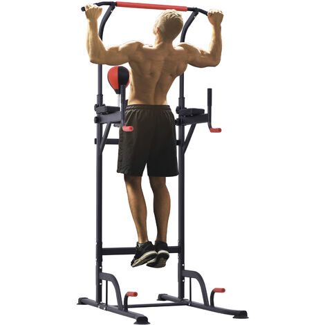 Station de traction musculation multifonctions punching ball chaise romaine hauteur réglable acier noir rouge - Noir