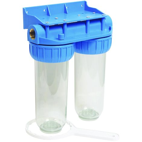 Station double filtre à média filtrant 10' – Compatible cartouches 68mm – Montage en série – Filtration impuretés et anti-calcaire – Aquawater