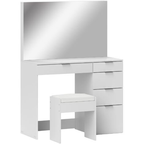 Station maquillage grand miroir 5 tiroirs coiffeuse tabouret rembourré chambre blanche