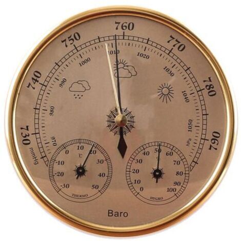Station météo 3 en 1 avec baromètre, thermomètre et hygromètre, intégrée à un mur analogique, pour une utilisation intérieure et extérieure.