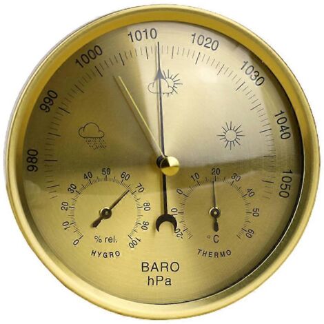 Station météo 3 en 1 en métal avec baromètre, thermomètre et hygromètre, pour une utilisation intérieure et extérieure, avec cadre en acier inoxydable et mesure de température ronde.