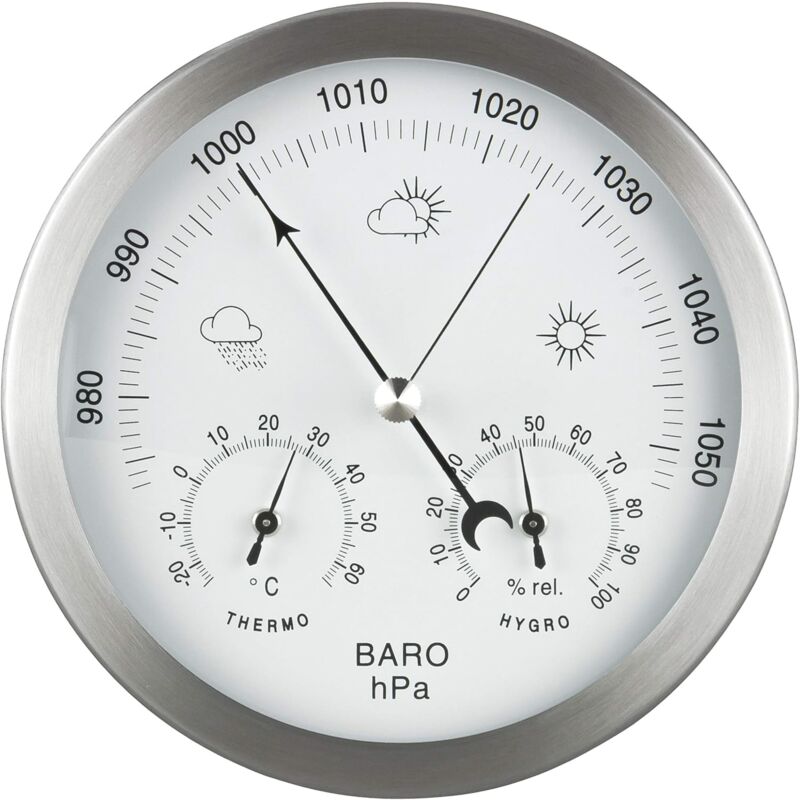 Station météo analogique 3 en 1 en inox Ø14 cm - Baromètre, thermomètre, hygromètre