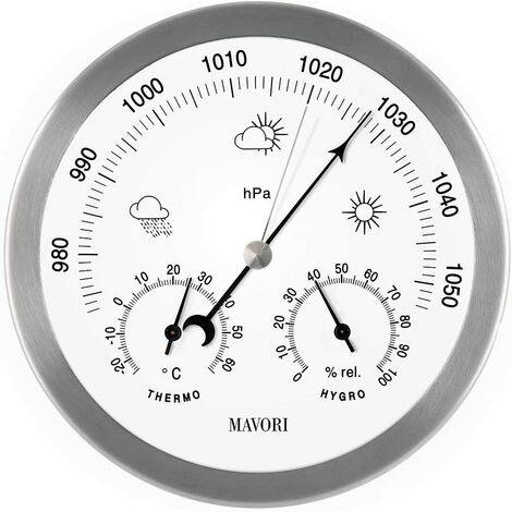 Station météo analogique pour l'intérieur et l'extérieur avec Cadre en Acier Inoxydable au Design élégant - composée d'un baromètre, d'un hygromètre et d'un thermomètre (1)