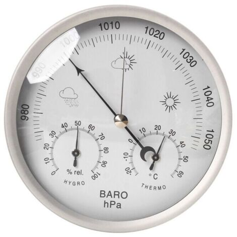 Station météo analogique pour l'intérieur et l'extérieur avec Cadre en Acier Inoxydable au Design élégant-composée d'un baromètre, d'un hygromètre et d'un thermomètre（Macaron）
