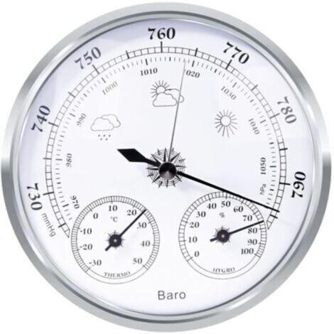 Station météo analogique – Station météo analogique pour usage intérieur et extérieur – composée d'un baromètre, d'un thermomètre et d'un hygromètre (argent, 128 mm)