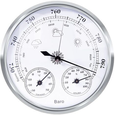 Station météo analogique – Station météo analogique pour usage intérieur et extérieur – composée d'un baromètre, d'un thermomètre et d'un hygromètre (argent, 128 mm)