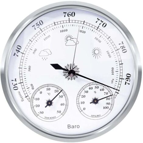 Station météo analogique Ulisemanalog – Station météo analogique intérieure et extérieure – Composée d'un baromètre, d'un thermomètre et d'un hygromètre (argent, 128 mm)