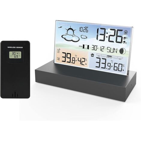 Station Météo avec Capteur Extérieur Sans Fil, écran LCD Sans Fil Station Météo Numérique Avec Double Réveil/Date/Heure/Température/Humidité/Alerte/Barométrie/Prévisions Météo Pour Maison