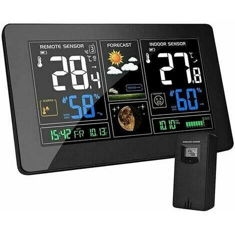 Station Météo avec Capteur sans Fil DCF Radio Thermomètre Hygromètre Baromètre Numérique Intérieure Extérieure Phase de la Lune 9-in-1 Écran LCD Coloré Réveil Snooze Météo Température Prévisions