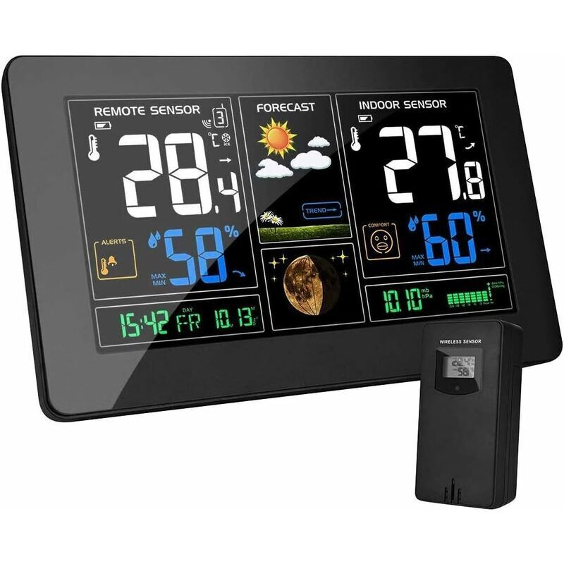 Station Météo avec Capteur sans Fil Thermomètre Hygromètre Baromètre Numériques Intérieure Extérieure Phase de la Lune 9-in-1 Écran LCD Coloré avec