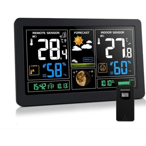 Station météo avec capteurs sans fil intérieur-extérieur, thermomètre, hygromètre, baromètre, phase de lune, écran LCD couleur numérique 9 en 1 avec réveil snooze, prévisions météorologiques