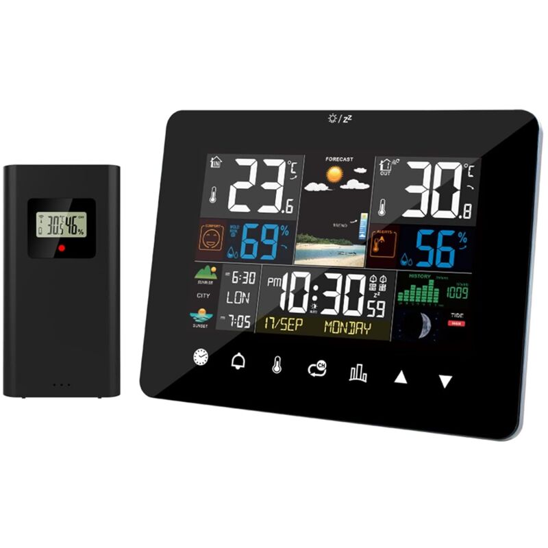 Station Météo avec Intérieure Extérieure Capteur sans Fil Station Météo de lever et coucher du soleil Réveil Thermomètre Hygromètre Opération d'écran