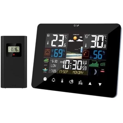 Station Météo avec Intérieure Extérieure Capteur sans Fil  Station Météo de lever et coucher du soleil Réveil Thermomètre Hygromètre Opération d'écran tactile avec capteur extérieur sans fil