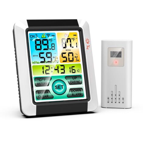 Station météo avec réveil, thermomètre intérieur et extérieur, appareil de mesure de l'humidité sans fil avec une portée de 200 FT/60 m, écran tactile rétroéclairé