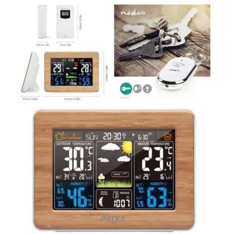 Station météo BOIS Int et ext capteur météo sans fil ext Prév météorologiques Écran LCD couleur Heure + Réveil +Porte clé siffleur