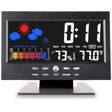Station Météo Couleur avec Activation Sonore - Température + Humidité + Tendances + Heure, Alarme - Ecran LCD