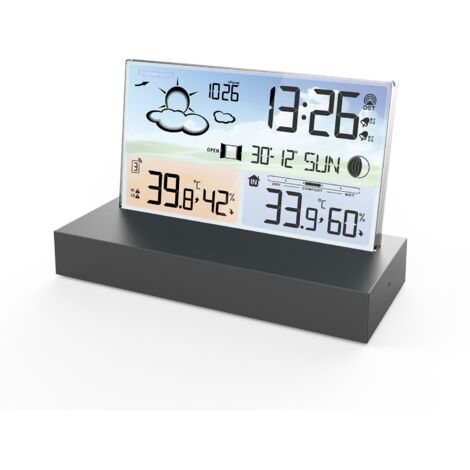 Station Météo Électronique Design Verre Transparent, Réveil avec Prévisions 12H, Capteur Extérieur Sans Fil 433MHz, Température Humidité Pression, Écran Couleur