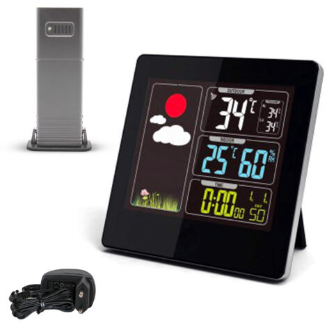 Station Météo FISHTEC Numérique - Sans Fil - À Poser ou Fixer au Mur - Large Écran LCD Coloré - Noir